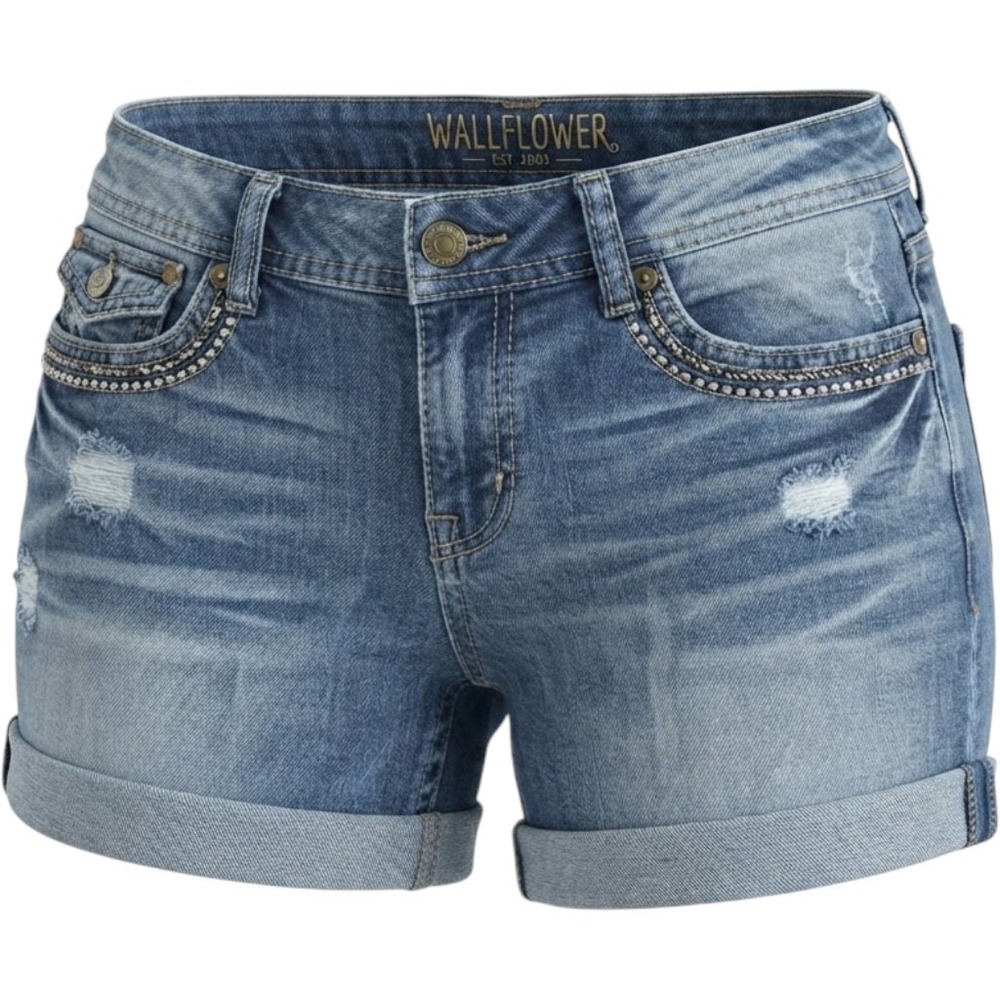WallFlower Denim Shorts Cuffed Flap Pocket Distressed Embroidered